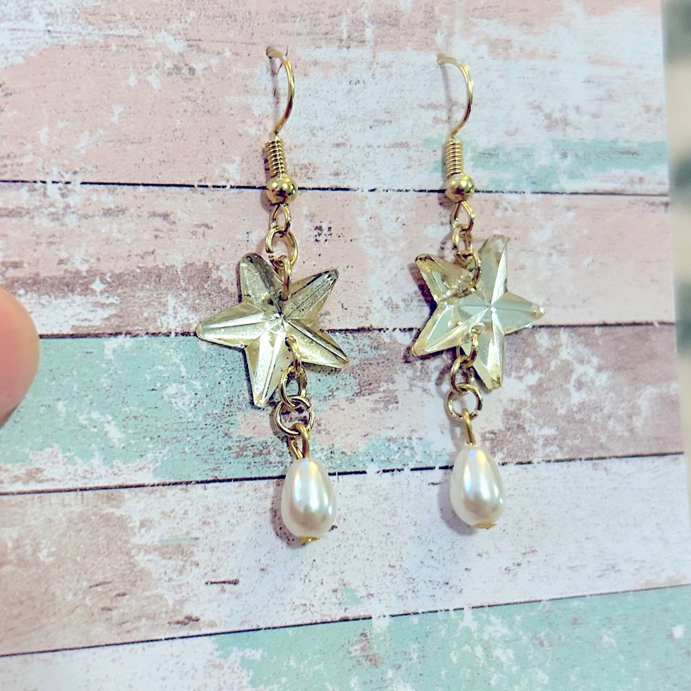 Gold, Jewel Star, and Pearl Drop Earrings